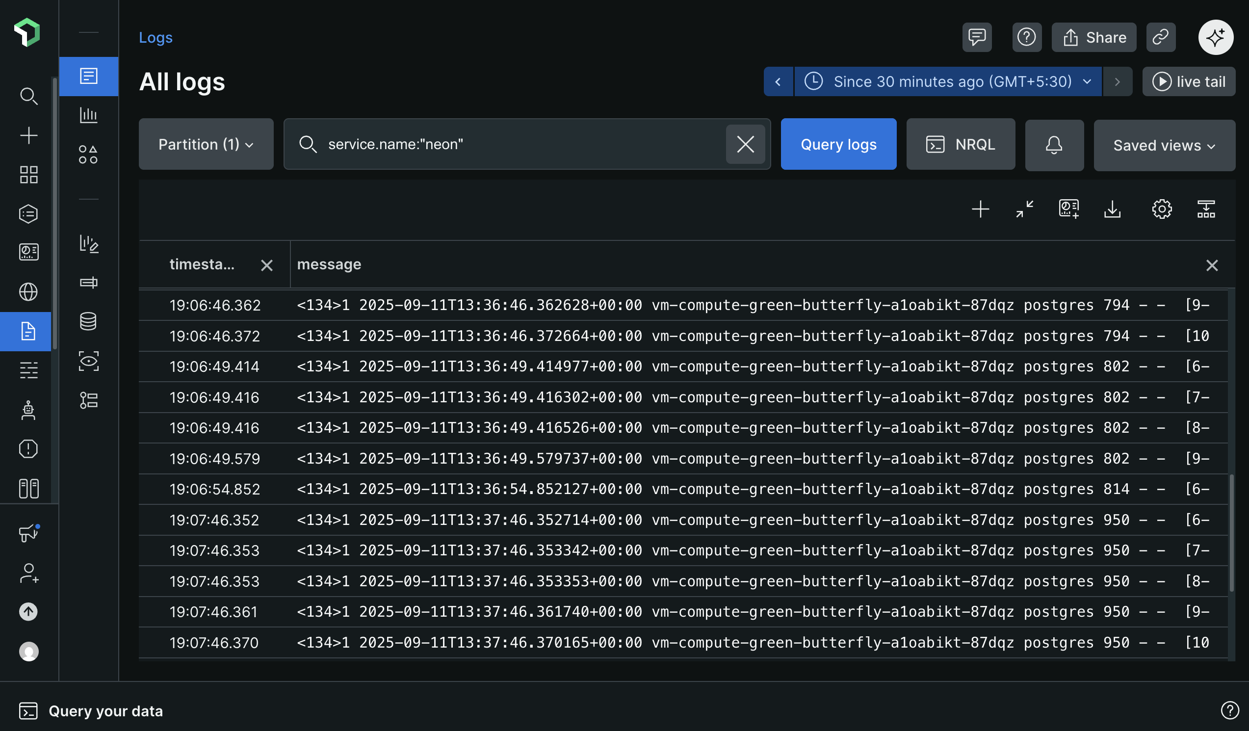 New Relic Logs UI showing Postgres logs from Neon